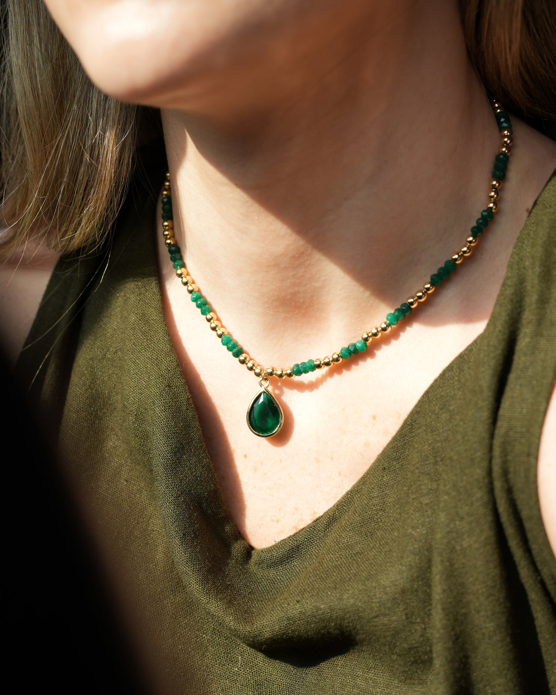 13 Gold Green Water Drop Dangle