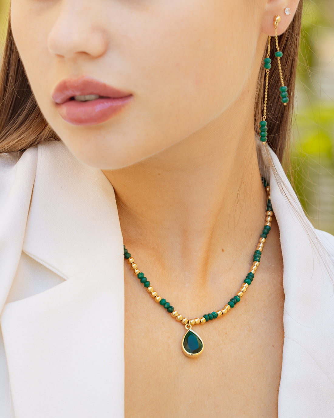 13 Gold Green Water Drop Dangle
