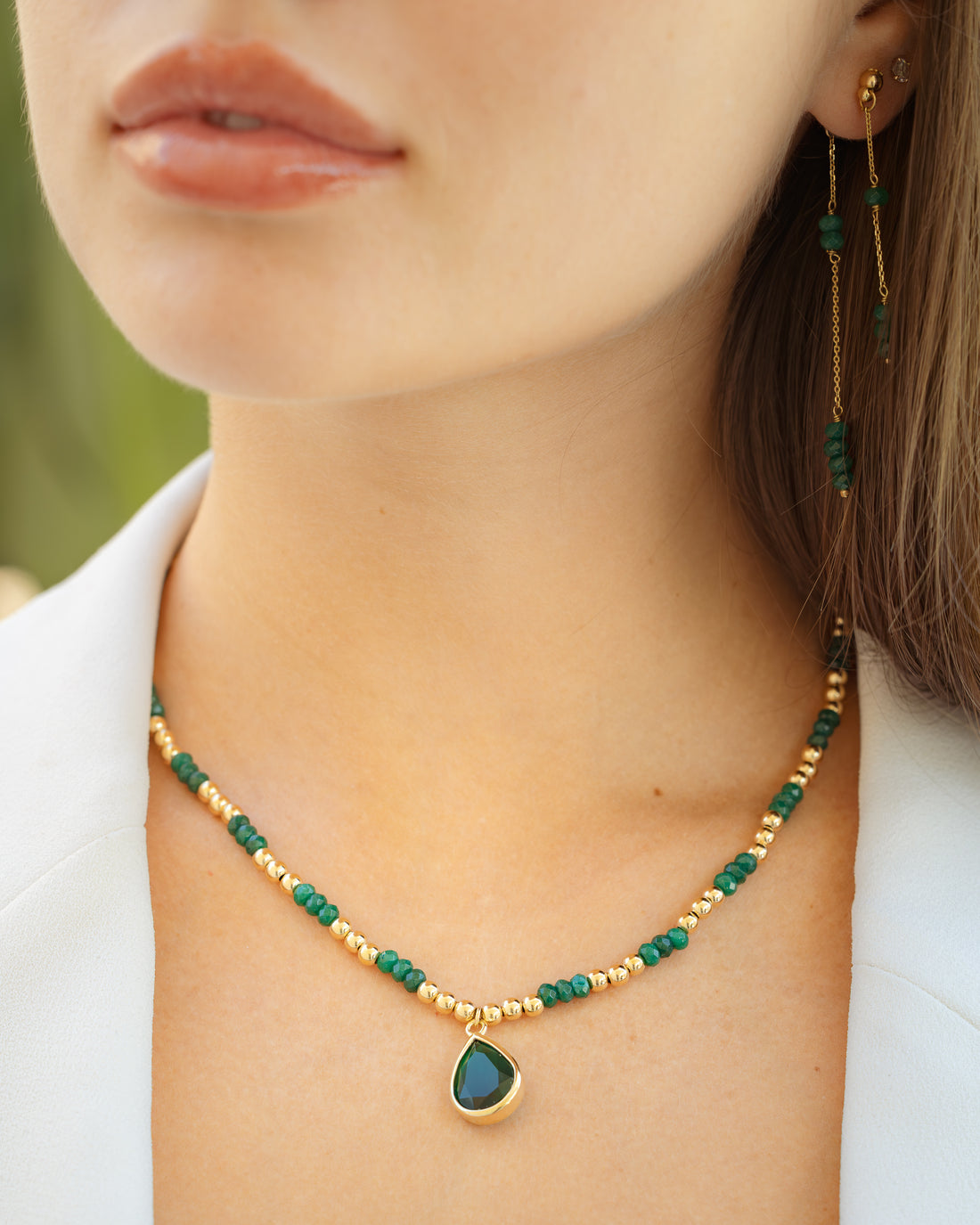 13 Gold Green Water Drop Dangle